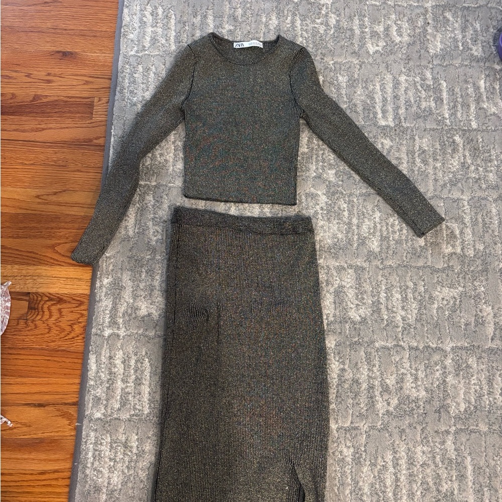 Zara metallic Ribbed Knit top and skirt - S/M